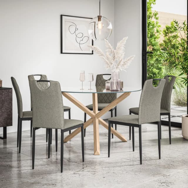 More4Homes Malvern Round Dining Table And Chairs - Clear Glass Table Top W Solid Oak Legs + Monza Fabric Dining Chair Set Of 6 (Grey)