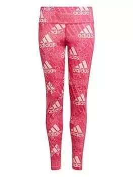 adidas Designed 2 Move Junior Girls Big Logo Leggings - Dark Pink Size 7-8 Years