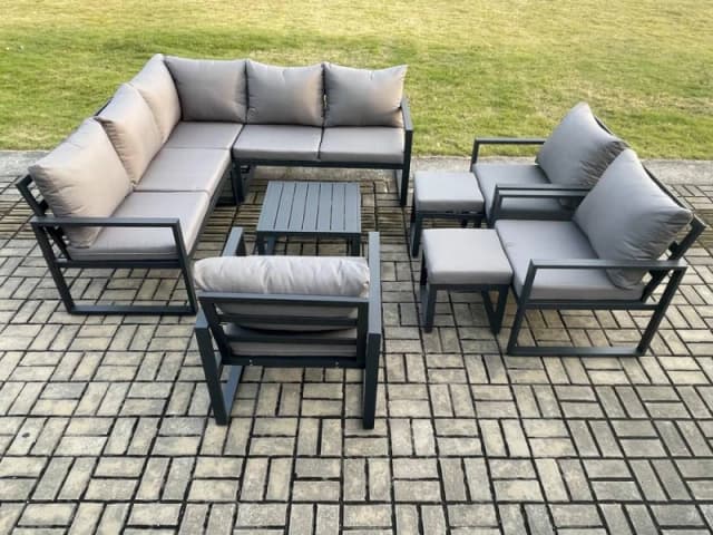 Fimous 10 Seater Outdoor Aluminium Garden Furniture Set Corner Lounge Sofa Set with Square Coffee Table Chair 2 Small Footstools Dark Grey Dark Grey U