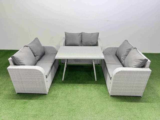 Fimous Rattan Garden Furniture Dining Set 6-seater Rectangular Table Set in Light Grey Light Grey Unisex