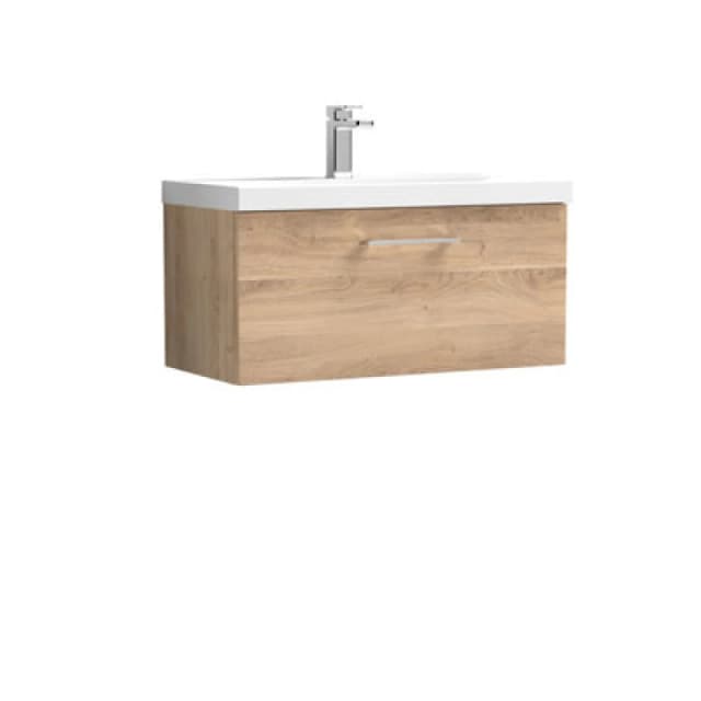 Balterley Contemporary Bathroom Wall Hung 1 Soft-Close Drawer Vanity Unit & Mid-Edge Ceramic Basin, Bleached Oak, 800 mm in Brown Brown Unisex