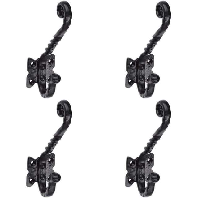 Loops 4x Ornate Twisted Hat & Coat Hook on Butterfly Backplate 82mm Proj Black Antique Black
