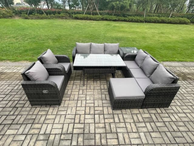 Fimous 7 Piece Rattan Garden Furniture Set with Patio Sofa Rectangular Dining Table Big Footstool Side Table Indoor Conservatory Patio Set Dark Grey U