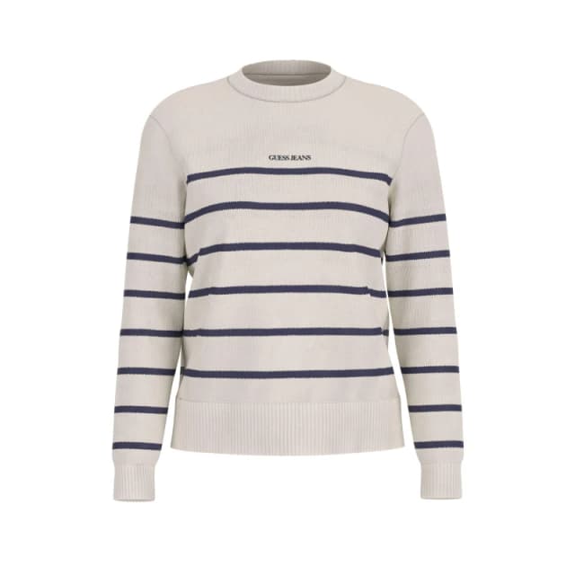 Guess Womens Stripe Knitted Crew Neck Jumper Wht/Daring Oc female 8 (XS)