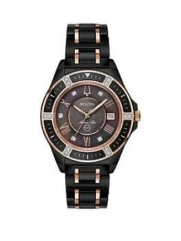 Bulova Black Diamond Set Date Dial Black and Rose Gold Detail Ceramic Bracelet Ladies Watch, One Colour, Women