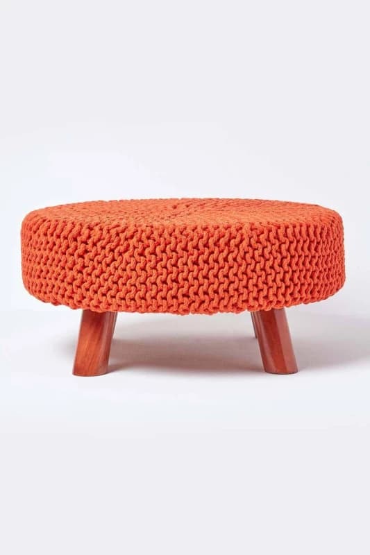Homescapes Burnt Orange Large Round Cotton Knitted Footstool On Legs