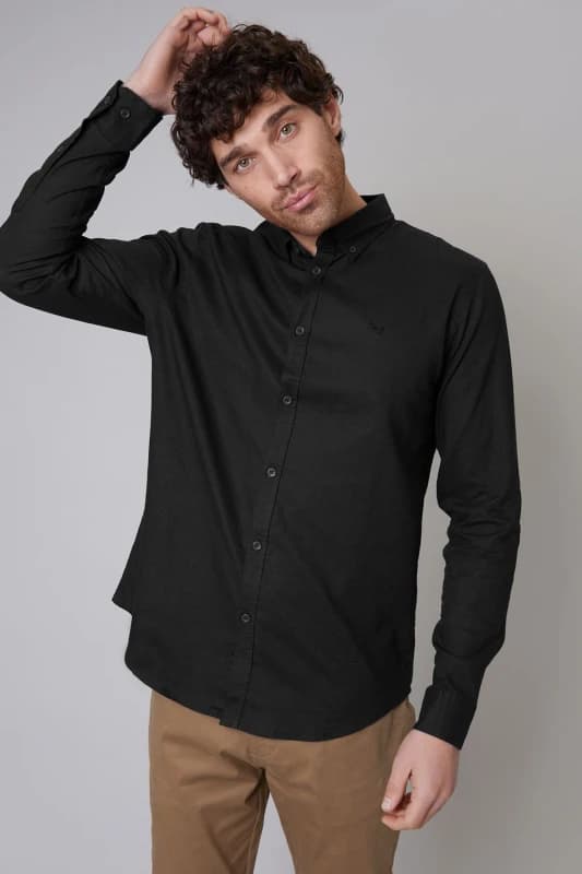 Threadbare Mens 'Bale' Linen Blend Long Sleeve Shirt in Black Size: Medium Black Male M