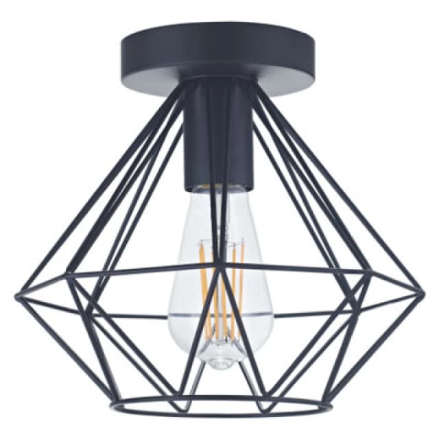Happy Homewares Industrial Basket Cage Designed Matt Black Metal Semi Flush Ceiling Light