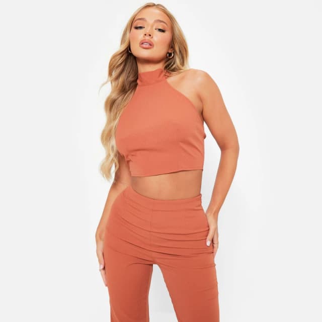 I Saw It First Textured Halterneck Crop Top Co-Ord - Orange Orange 6