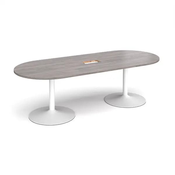 Trumpet Base D - End Office Boardroom Table with Power Module Cut Out - Grey Oak - White Base