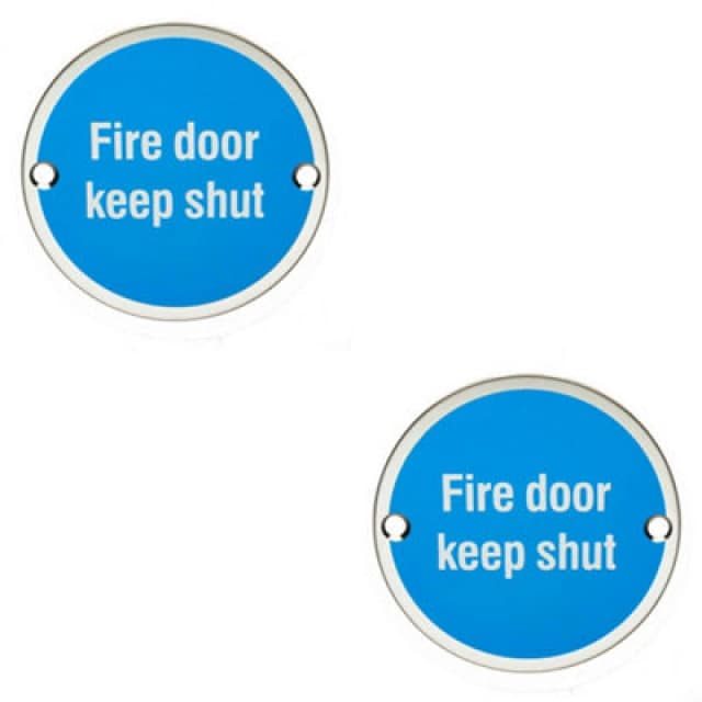 Loops 2x Fire Door Keep Shut Sign 64mm Fixing Centres 76mm Dia Polished Steel Metallics