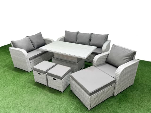 Fimous Patio PE Wicker 9 Seater Outdoor Rattan Furniture Sofa Sets with Adjustable Lifting Dining or Coffee Table Reclining Chair Loveseat Sofa 3 Seat