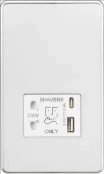 KnightsBridge Shaver socket with dual USB A+C (5V DC 2.4A shared) - polished chrome with white insert