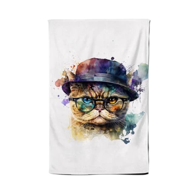 Warren Reed - Designer Shorthair Cat With Glasses Splashart Tea Towel Multicolor Unisex
