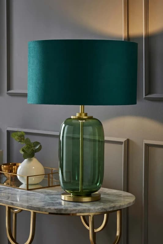 ValueLights Leigh Green Velvet Drum Shade with Forest Green Glass and Gold Trim Table Lamp Bottle Green