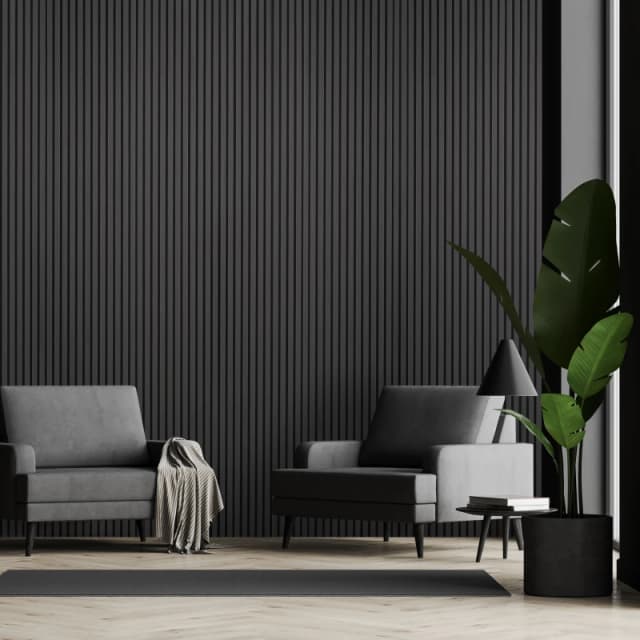 Fuse Acoustic Wall Panels Acoustic Wooden Wall Panel in Charcoal Oak, 2.4m x 0.6m in Black Unisex