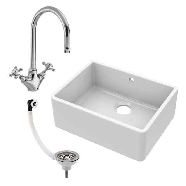 Balterley Fireclay 1 Bowl Butler Sink Overflow Mono Sink Mixer Tap Waste 595mm in White White Unisex