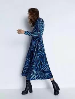 Warehouse Zebra Print Velvet Funnel Neck Midi Dress - Blue Size L, Women