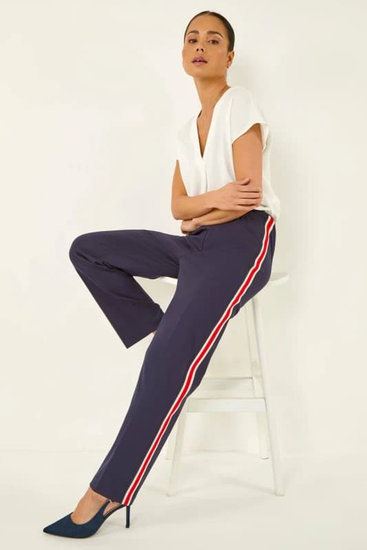 Roman Womens Petite Side Stripe Stretch Trouser in Navy Size: 14 Navy Female 14