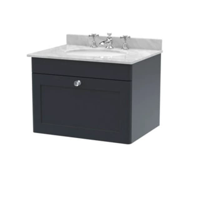 Nuie Classique Wall Hung 1 Drawer Unit & 3 Tap Hole Grey Marble Top With Oval Basin, Sink Vanity Unit In Soft Black With White