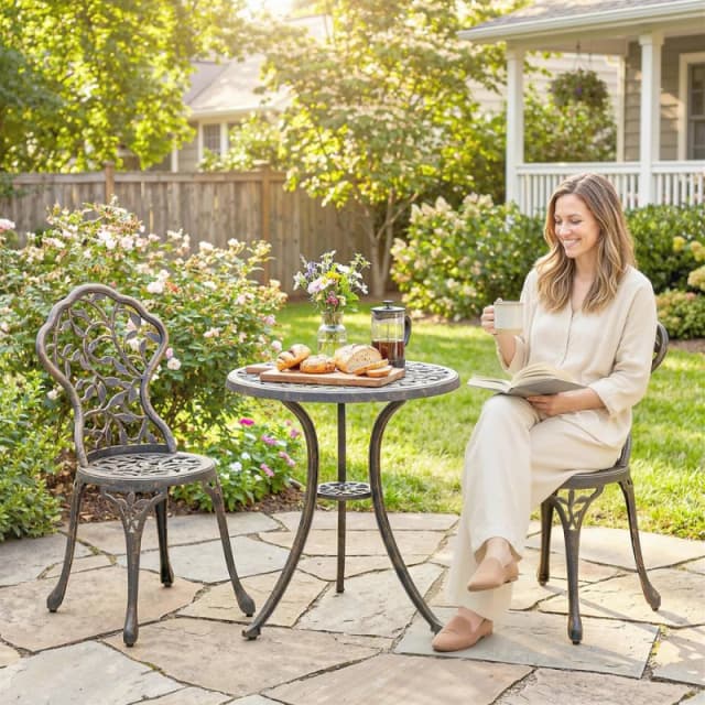 OUTSUNNY Aluminium Bistro Set Garden Coffee Table Chair Outdoor Dining Set in Brown Size: 60cm x 60cm Brown Unisex 60cm x 60 cm