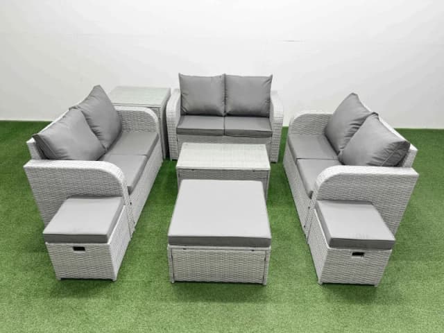Fimous 9 Seater PE Wicker Rattan Furniture Sofa Sets with Rectangular Coffee Table 2 Seater Love Sofa 3 Stool Side Table Light Grey Light Grey