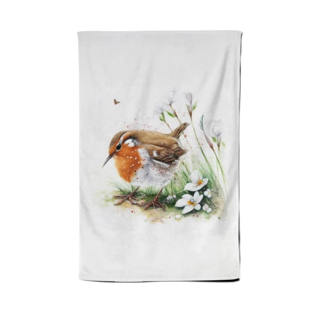Warren Reed - Designer Robin & Daisies Watercolour Tea Towel in Brown Brown Unisex
