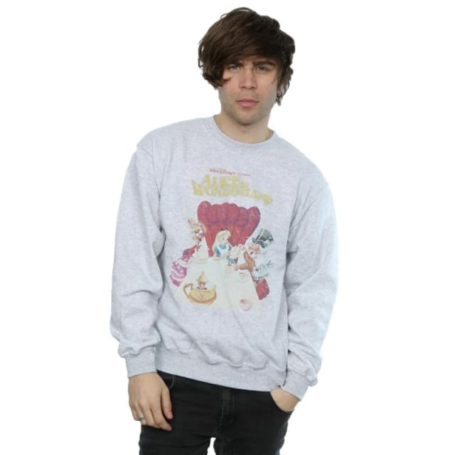 Disney Men Alice In Wonderland Retro Poster Sweatshirt in Grey Size: Small Grey S Male 5057245575195