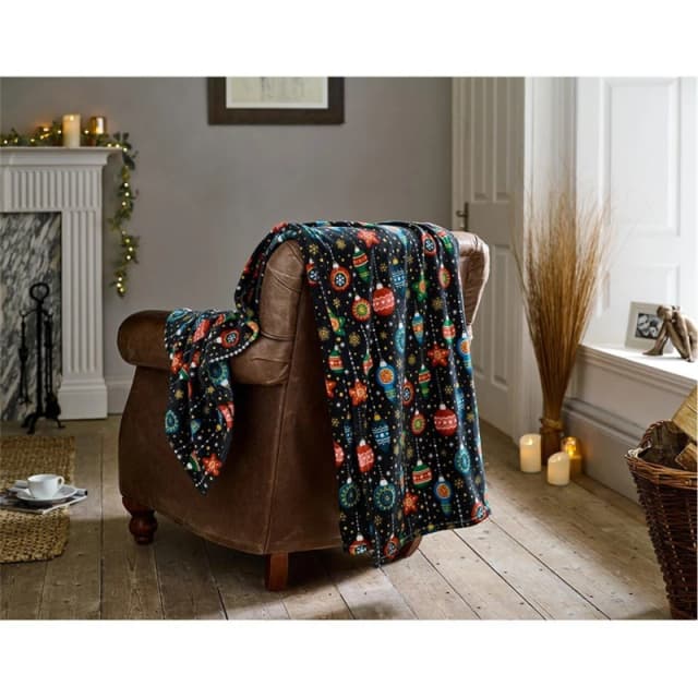 Deyongs Deyongs Christmas Baubles Fleece Throw - 140 x 180cm Soft Festive Blanket with Colourful Bauble Print in Navy Size: 140cm x 180cm Navy 140cm