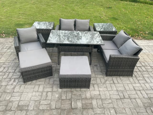 Fimous Outdoor Garden Dining Set Wicker PE Rattan Furniture Sofa with Dining Table Double Seat Sofa 2 Side Tables 2 Big Footstool in Dark Grey Dark Gr