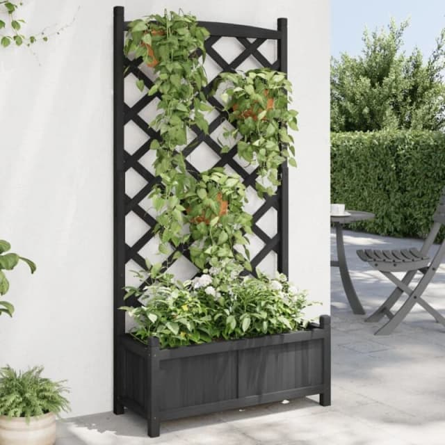 vidaXL Planter w/ Trellis Black Solid Wood, Black 365490