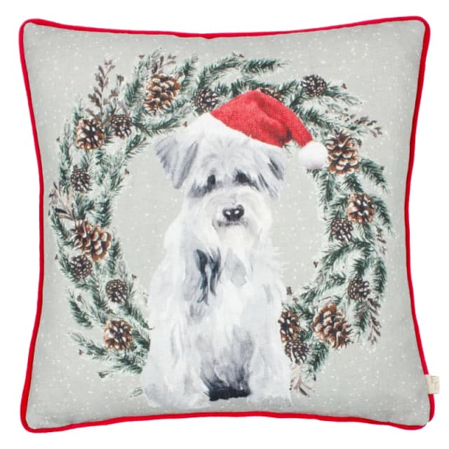 Evans Lichfield Christmas Dog Wreath Velvet Piped 43cm x 43cm Filled Cushion Multi
