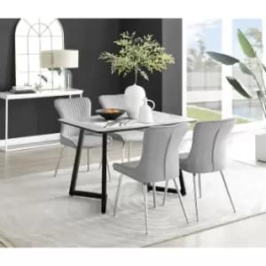 Furniturebox Carson White Marble Effect Recatngular 120cm Dining Table & 4 Light Grey Nora Silver Leg Velvet Chairs