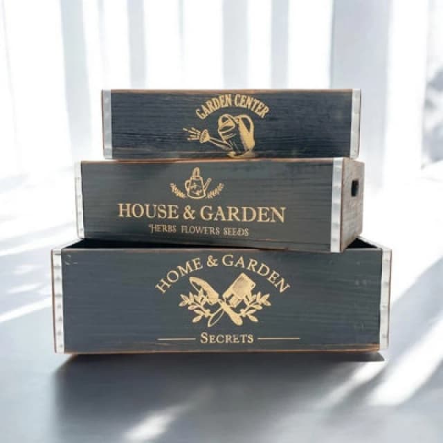 Minster Rustic Vintage Garden Display Planters (Set Of 3) - Wood - Black