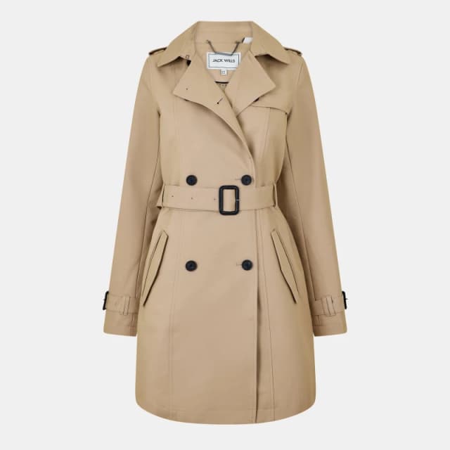 Jack Wills Womens Double Breasted Cotton Water Resistant Mid-Length Trench Coat Stone female 6 (2XS)
