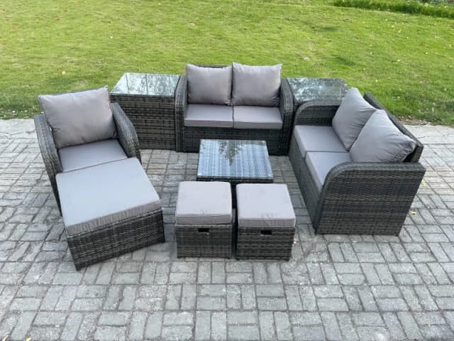 Fimous PE Rattan Garden Furniture Sets Outdoor Love Sofa Chair Set Square Coffee Table 2 Side Tables 3 Footstools Dark Grey