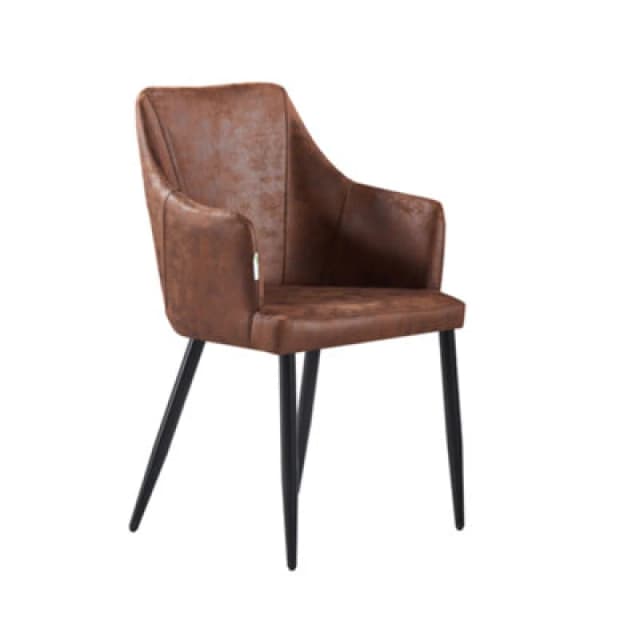 Life Interiors Single Brown Zarah Modern Faux Leather Dining Chair With Armrests And Black Metal Legs, Comfortable Accent Chair