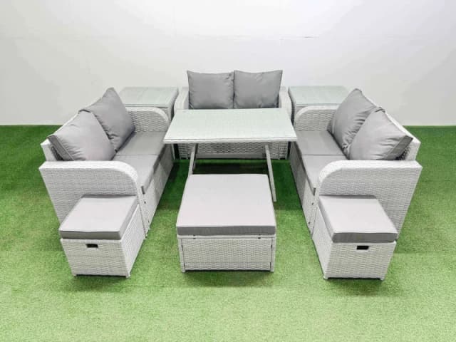 Fimous 9-seater Patio Rectangular Table Love Sofa Set with 2 Side Tables in Light Grey Light Grey Unisex