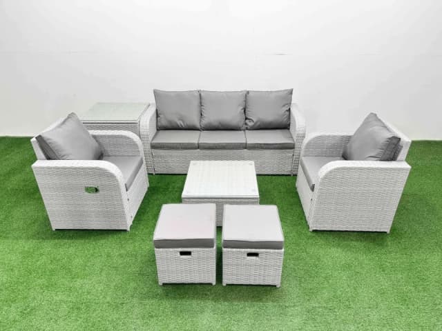 Fimous PE Rattan Garden Furniture Set Reclining Chair Sofa Lounge Sofa Set Square Coffee Table Side Table 2 Small Stools Light Grey Light Grey