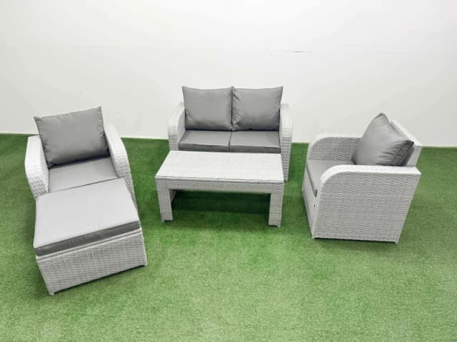 Fimous Light Grey PE Wicker Rattan Garden Furniture Set Sofa Set Reclining Adjustable Chair Oblong Coffee Table 5 Seater With Footstool Light Grey
