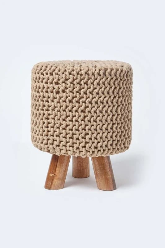 Homescapes Linen Tall Cotton Knitted Footstool On Legs