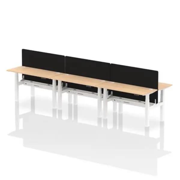 Air Air Back-to-Back 1400 x 600mm Height Adjustable 6 Person Bench Desk Maple Top with Cable Ports White Frame with Black Straight Screen HASCP6P1460