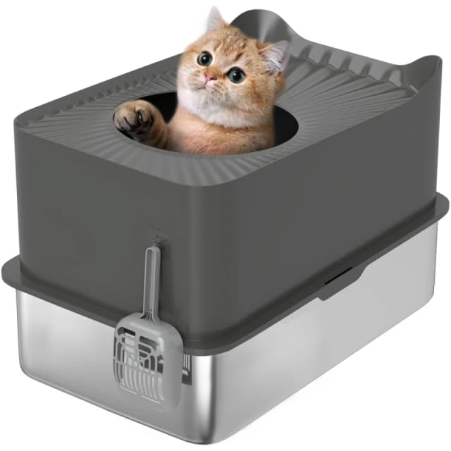 PawHut Stainless Steel Cat Litter Box, Enclosed Metal Litter Tray, Dark Grey D31-125V00CG