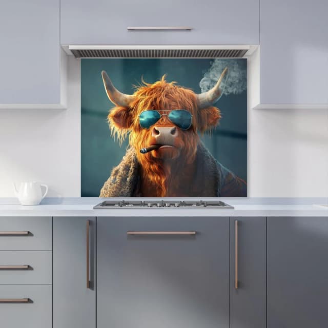 Warren Reed - Designer Highland Cow With Glasses Kitchen Splashback in Blue Size: 900mm x 750mm Blue Unisex 900mm x 750mm