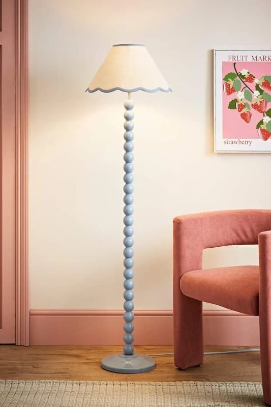 ValueLights Bobbins Powder Blue Floor Lamp with Tapered Natural Linen Scallop Shade Blue