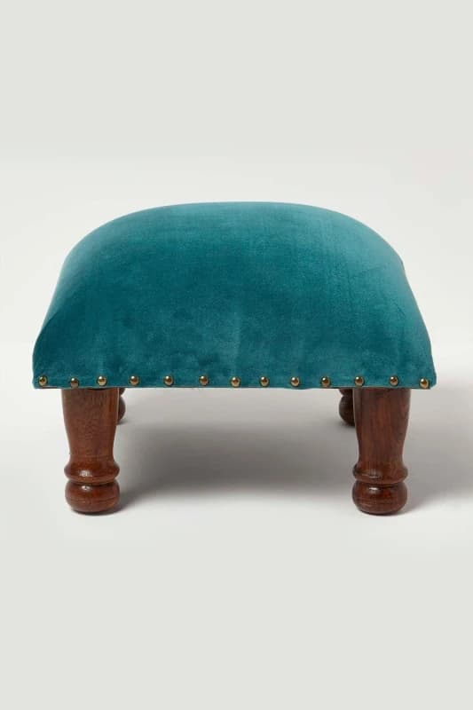 Homescapes Mable Velvet Square Footstool in Green Green Unisex
