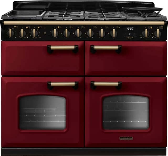 Rangemaster Classic Deluxe 110 CLDLB110DFPBOR/AB1 110cm wide Dual Fuel Range Cooker with Gas Hob - Bordeaux / Antique Brass - A/A/A Rated