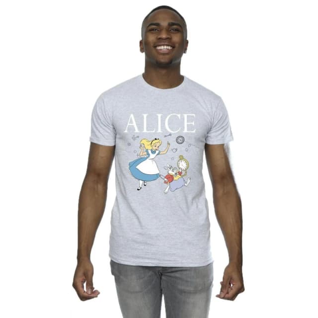 Disney Men Alice In Wonderland Follow The Rabbit T-Shirt in Grey Size: Small Grey S Male 5063283632219