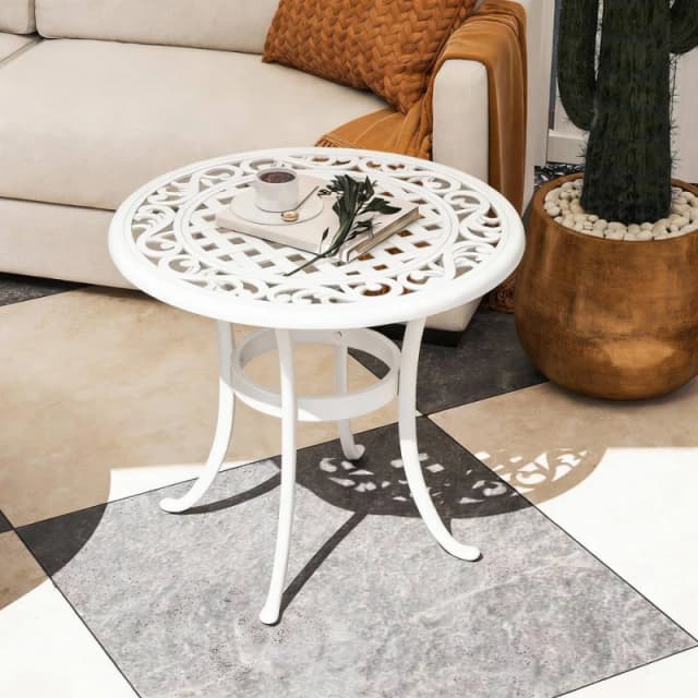OUTSUNNY 60cm Round Garden Table with Cast Aluminium Frame, White White Unisex