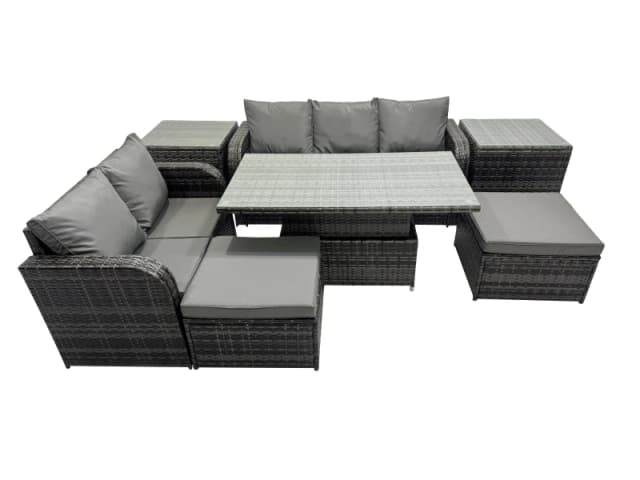 Fimous Rattan Garden Furniture Dining Set 7-seater with 2 Side Tables in Dark Grey Dark Grey Unisex
